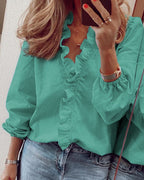 Women's Ruffle Balloon Sleeve Blouse – Collared Button Detail Blouse