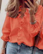 Women's Ruffle Balloon Sleeve Blouse – Collared Button Detail Blouse