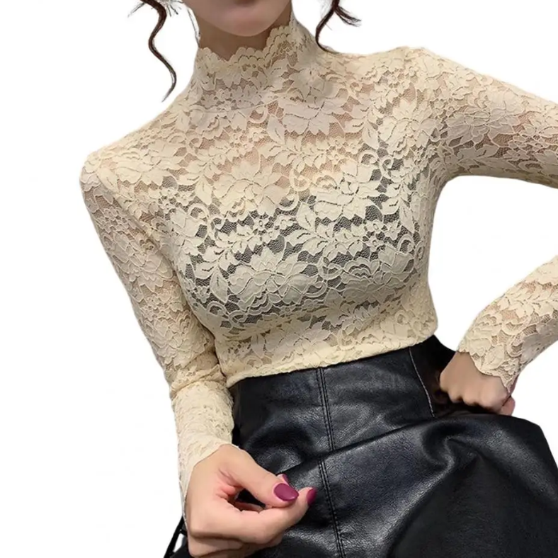 Women's Floral Lace Top – Long Sleeve Turtleneck Top