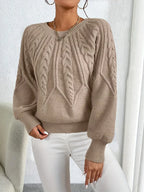 Women's Balloon Sleeve Cable Sweater – Round Neck Knit Pullover