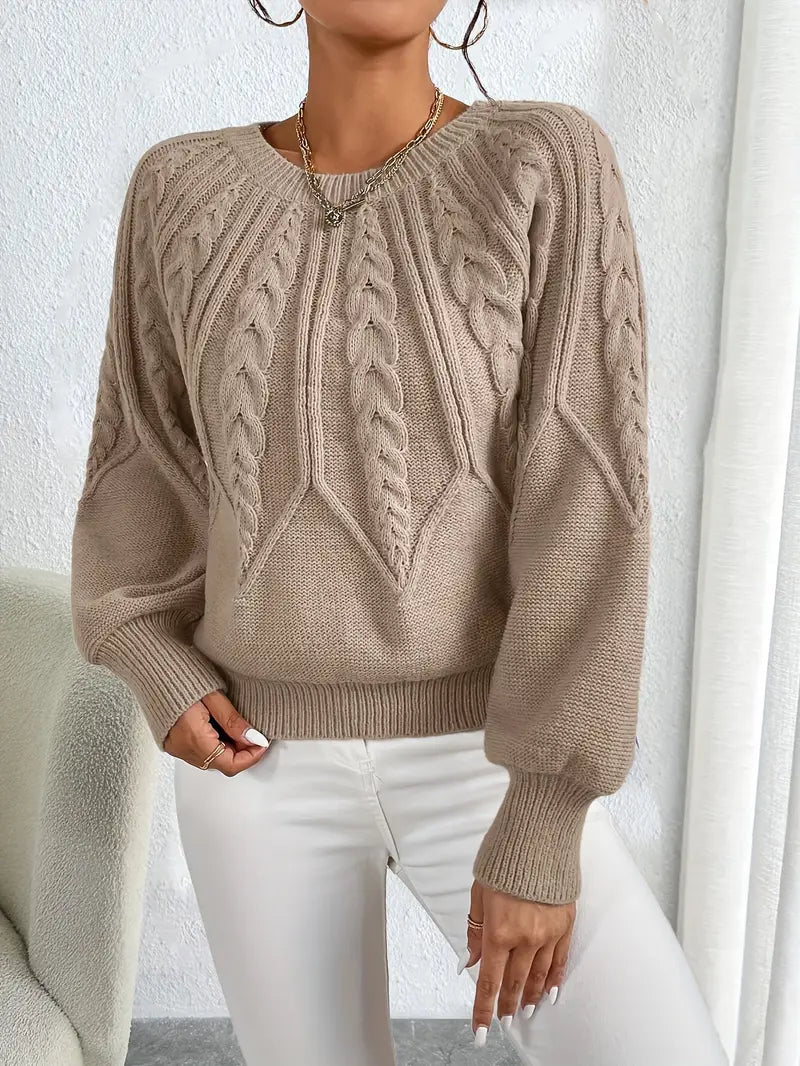 Women's Balloon Sleeve Cable Sweater – Round Neck Knit Pullover