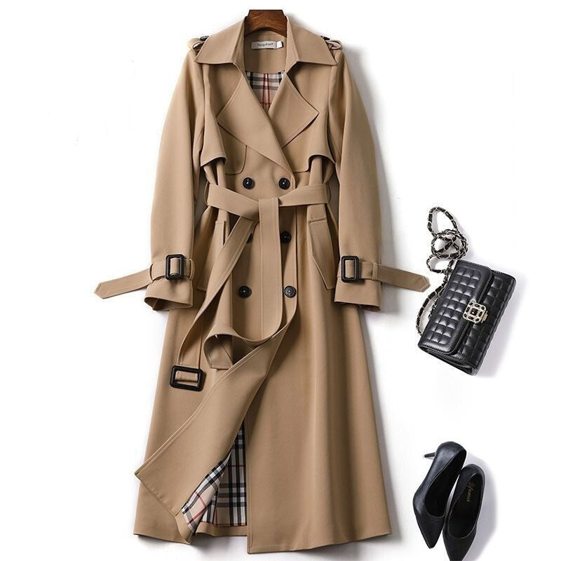 Women's Belted Trench Coat – Double-Breasted Long Coat