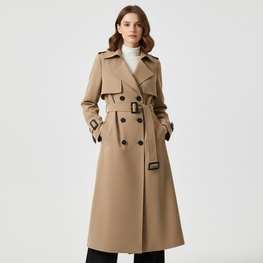 Women's Belted Trench Coat – Double-Breasted Long Coat