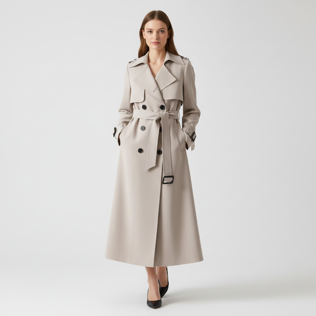 Women's Belted Trench Coat – Double-Breasted Long Coat