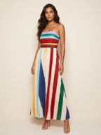 Women's Striped Strapless Maxi Dress – Pleated Flowy Formal Occasion Dress