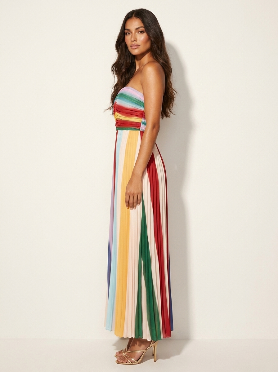 Women's Striped Strapless Maxi Dress – Pleated Flowy Formal Occasion Dress