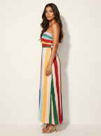 Women's Striped Strapless Maxi Dress – Pleated Flowy Formal Occasion Dress