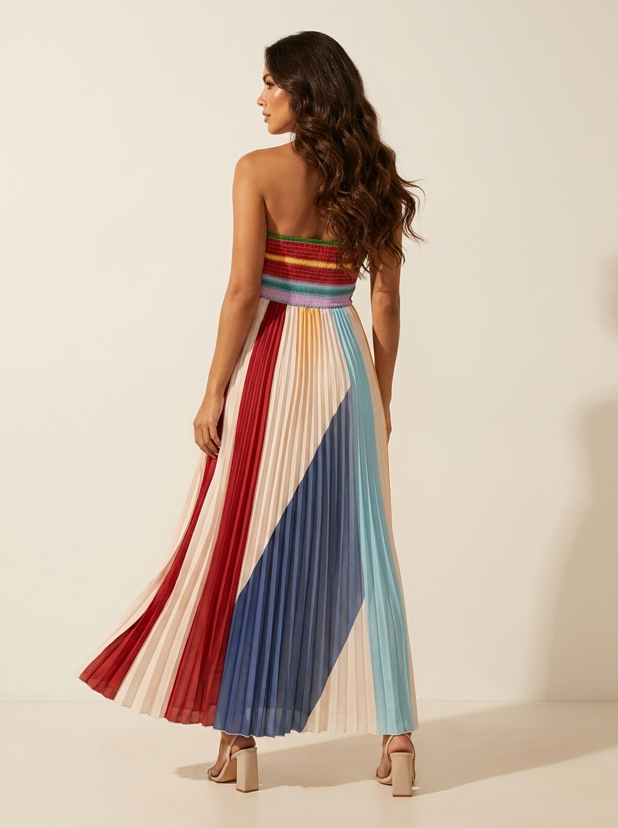 Women's Striped Strapless Maxi Dress – Pleated Flowy Formal Occasion Dress