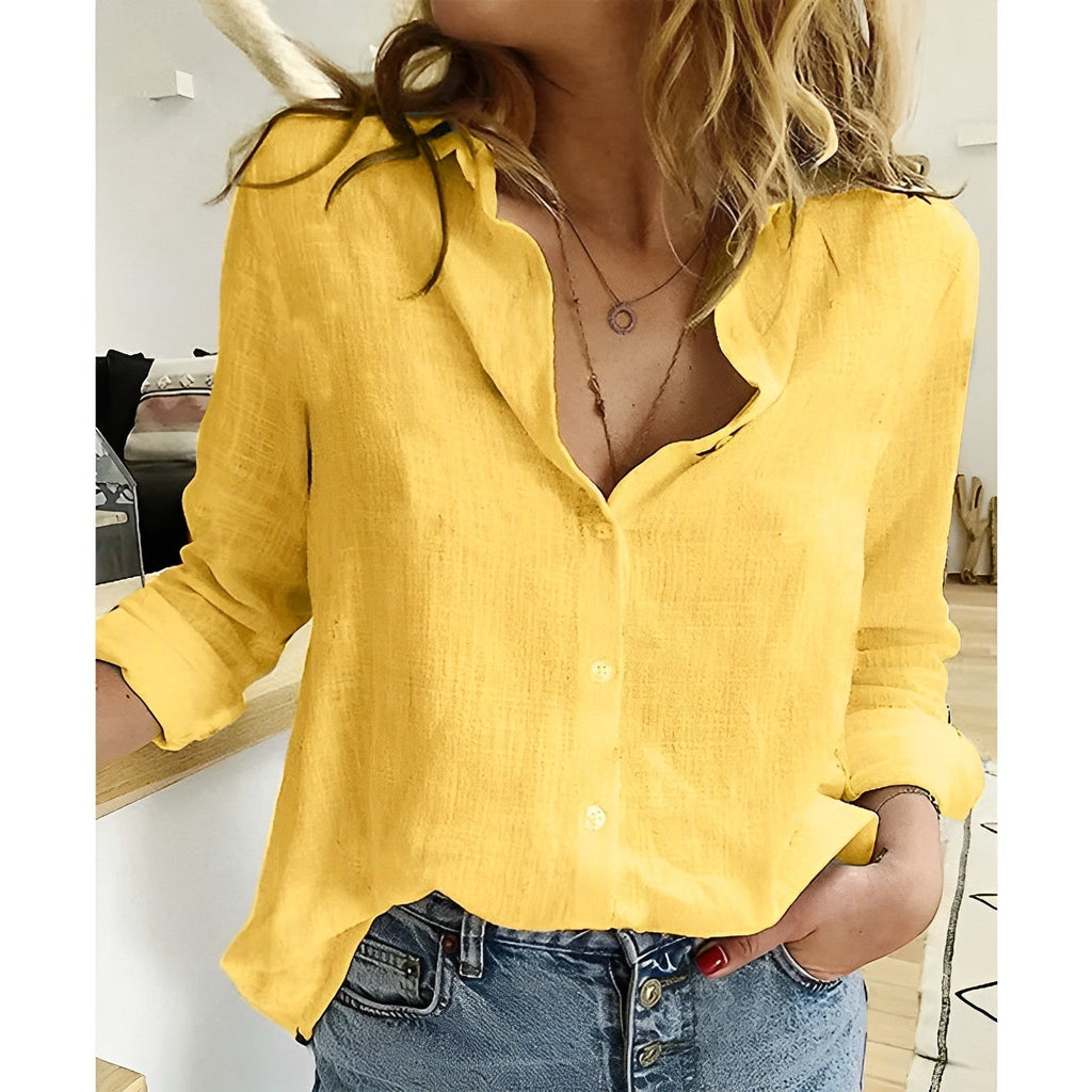 Women's Oversized Button Blouse – Drop Shoulder Curved Hem Blouse
