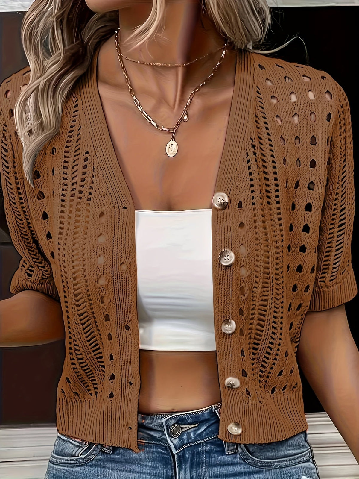 Women's Open Knit Button Cardigan – Short Sleeve Cardigan