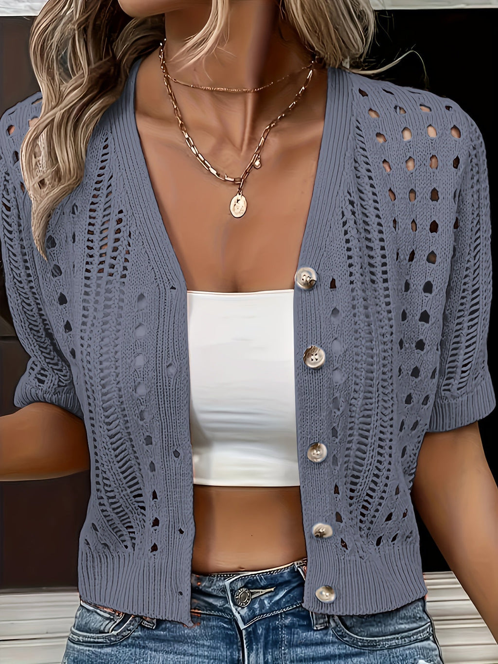 Women's Open Knit Button Cardigan – Short Sleeve Cardigan