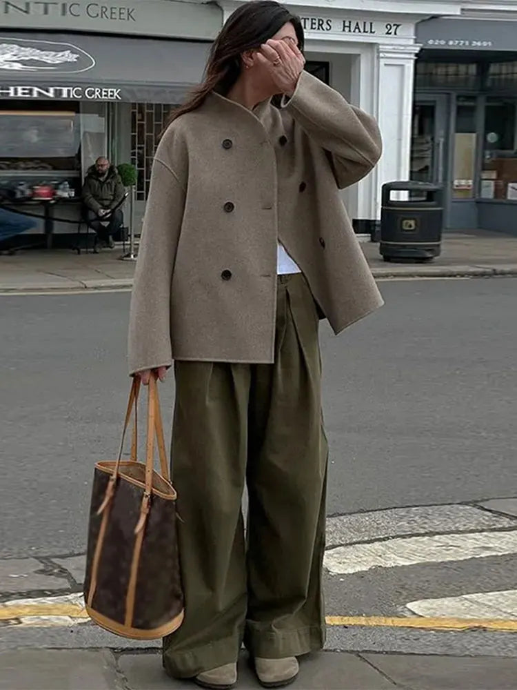 Women's Double-Breasted Winter Coat – Relaxed Stand Collar Overcoat
