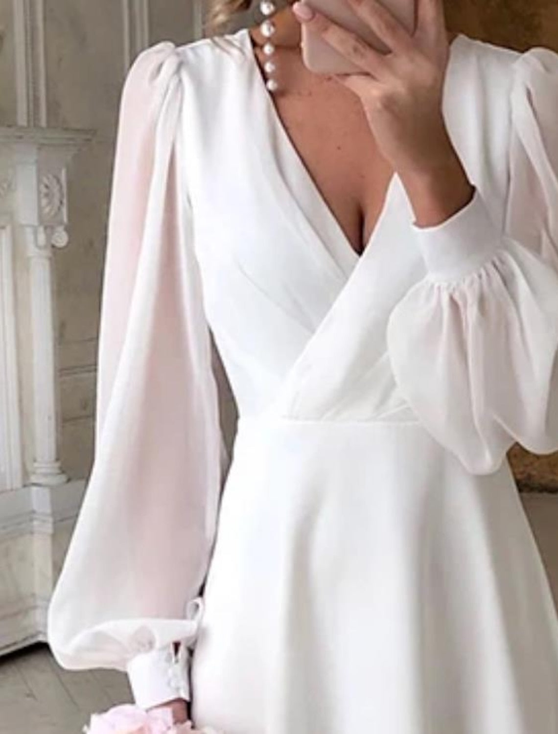 Women's V-Neck Wedding Guest Midi Dress – Long Sleeve Flowy Occasion Dress