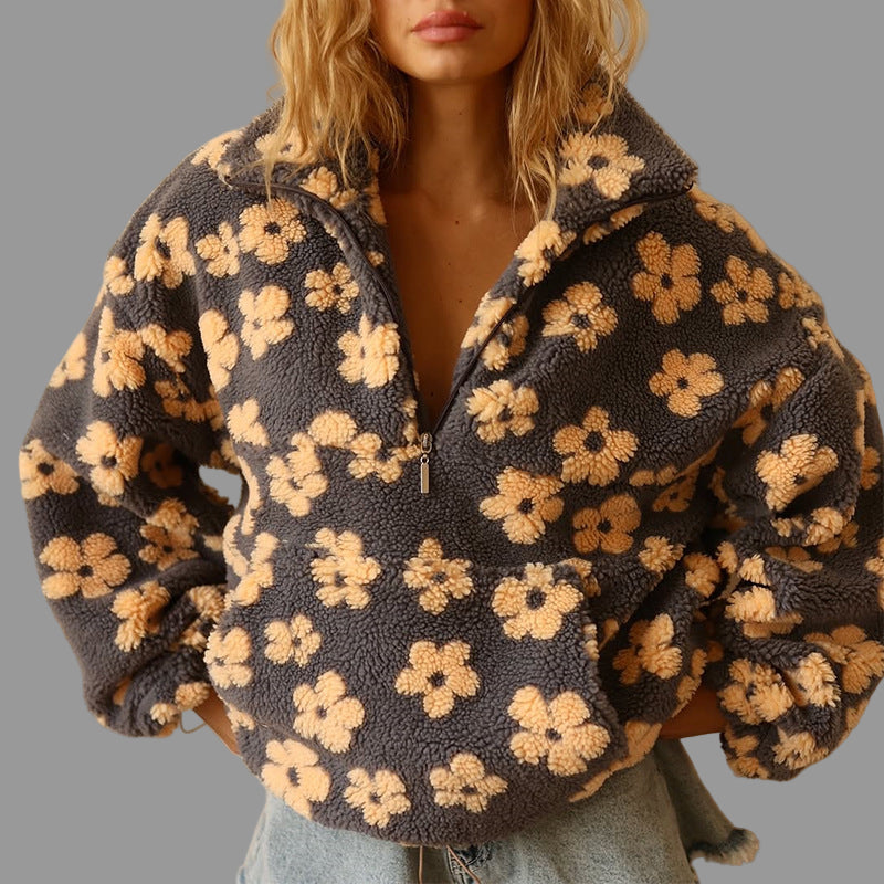 Women's Floral Sherpa Pullover – Oversized Boho Pattern Sweater