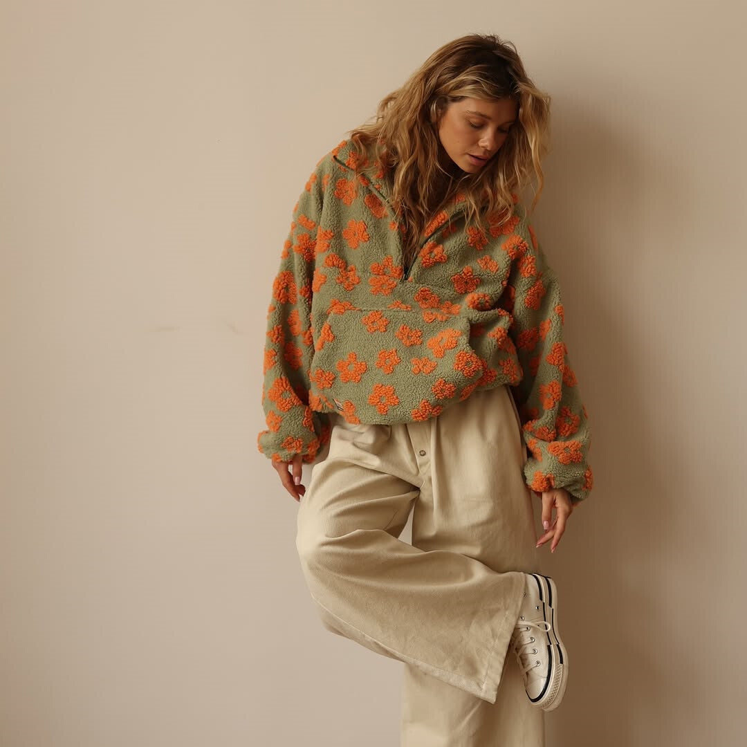 Women's Floral Sherpa Pullover – Oversized Boho Pattern Sweater