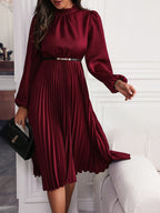 Women's Lantern Sleeve Belted Maxi Dress – A-Line Pleated Hem Dress