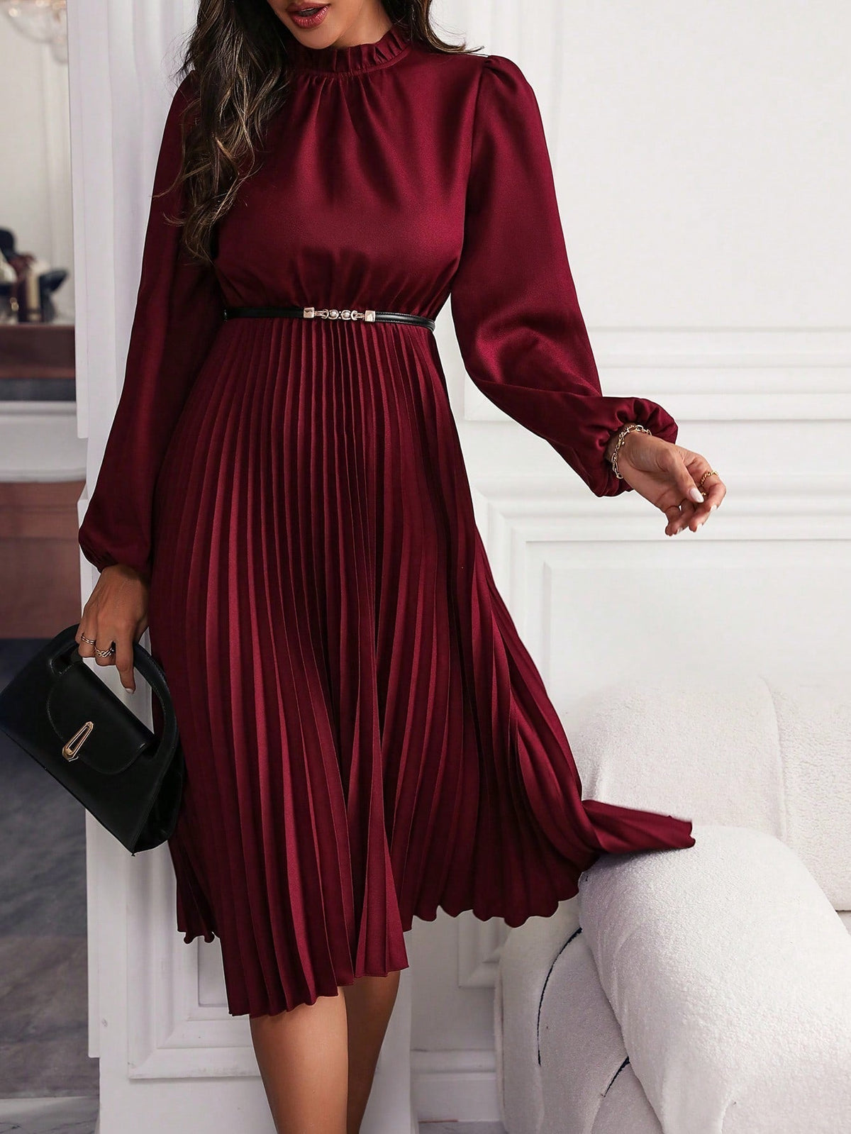 Women's Lantern Sleeve Belted Maxi Dress – A-Line Pleated Hem Dress