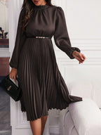 Women's Lantern Sleeve Belted Maxi Dress – A-Line Pleated Hem Dress
