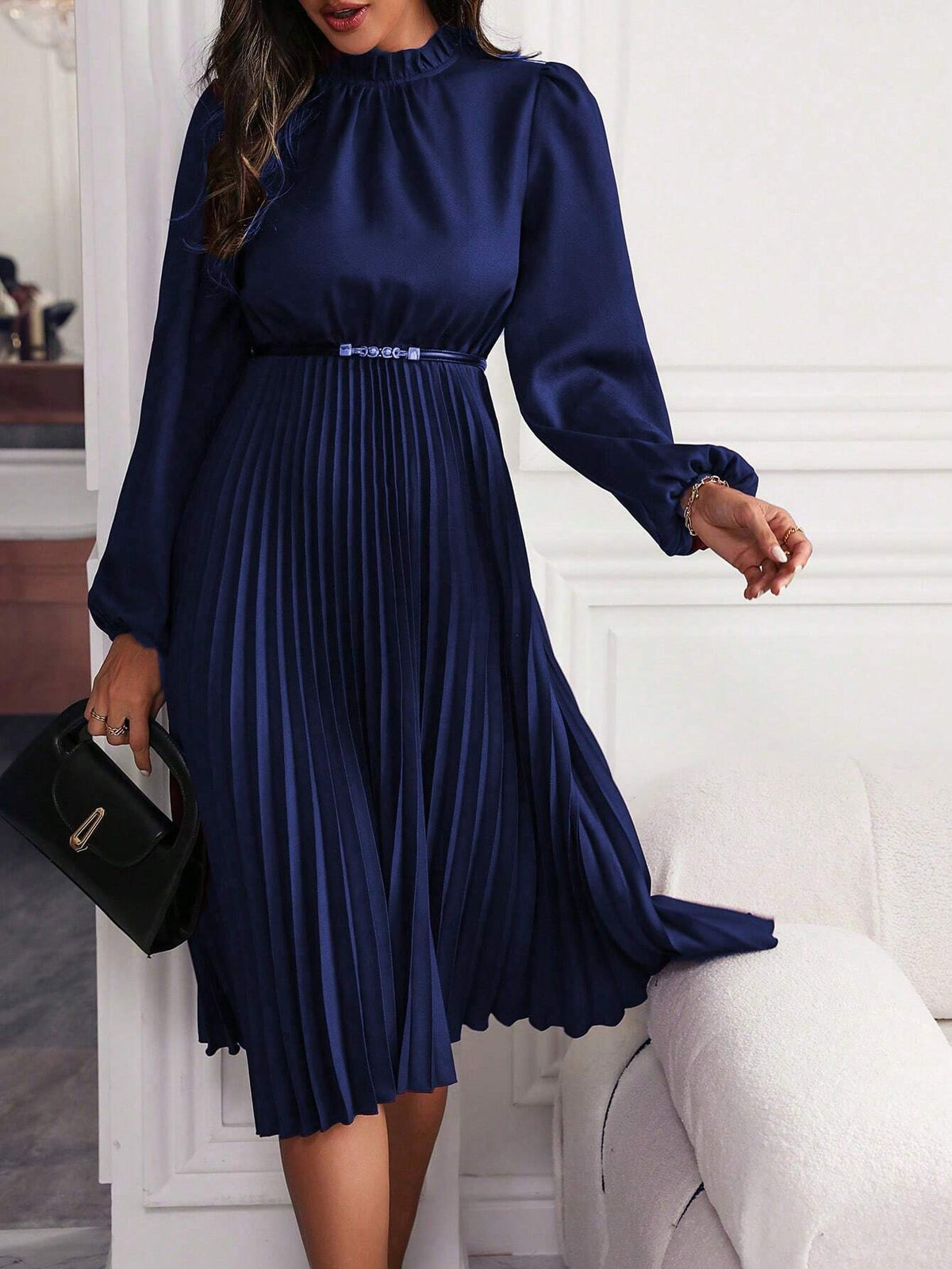 Women's Lantern Sleeve Belted Maxi Dress – A-Line Pleated Hem Dress