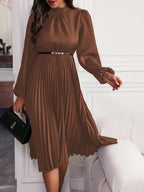 Women's Lantern Sleeve Belted Maxi Dress – A-Line Pleated Hem Dress