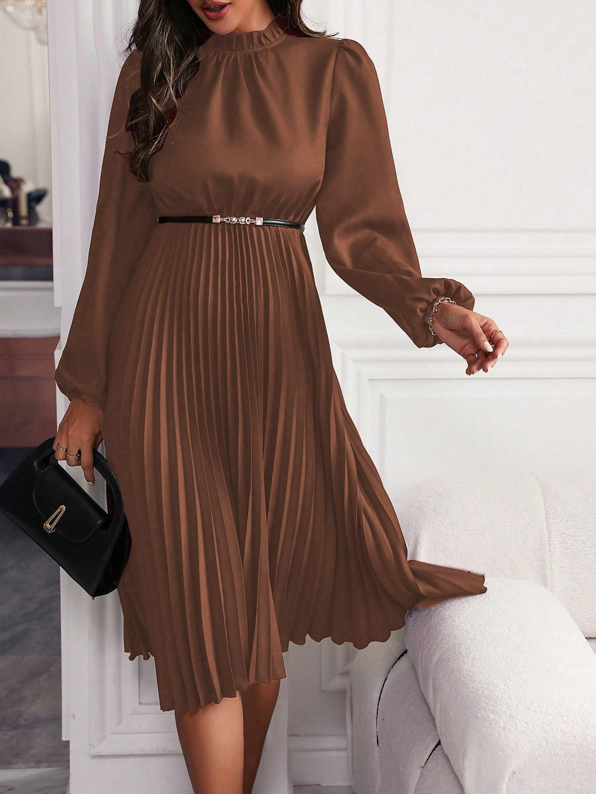 Women's Lantern Sleeve Belted Maxi Dress – A-Line Pleated Hem Dress