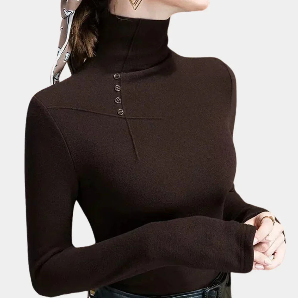 Women's Mocha High Collar Top – Button Accent Long Sleeve Top