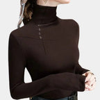 Women's Mocha High Collar Top – Button Accent Long Sleeve Top