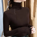 Women's Mocha High Collar Top – Button Accent Long Sleeve Top