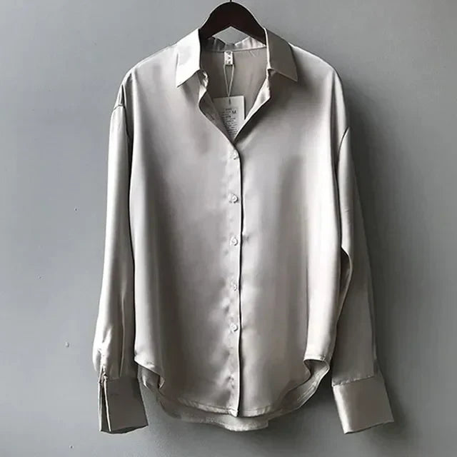 Women's Drop Shoulder Blouse – Curved Hem Button Down Blouse