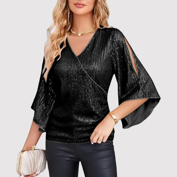 Women's V-Neck Shiny Blouse – Wide Sleeve Loose Fit Evening Blouse