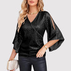 Women's V-Neck Shiny Blouse – Wide Sleeve Loose Fit Evening Blouse