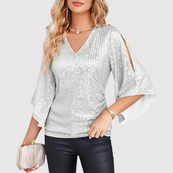 Women's V-Neck Shiny Blouse – Wide Sleeve Loose Fit Evening Blouse