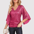 Women's V-Neck Shiny Blouse – Wide Sleeve Loose Fit Evening Blouse