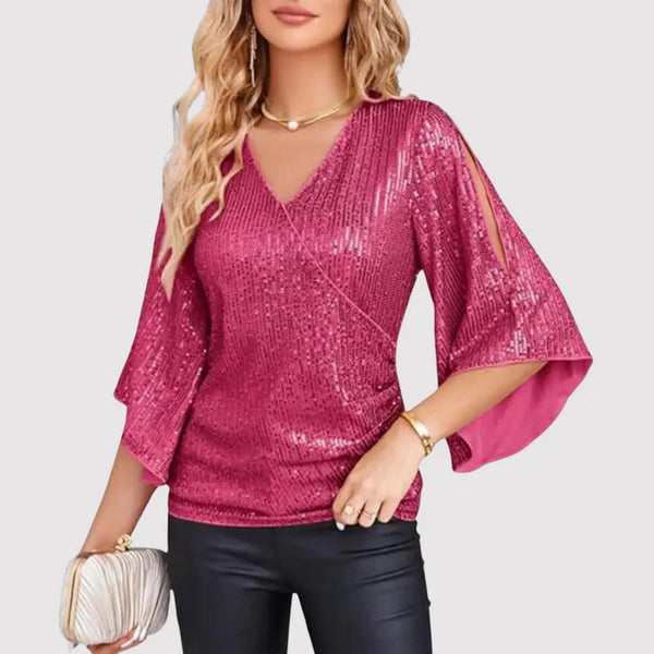 Women's V-Neck Shiny Blouse – Wide Sleeve Loose Fit Evening Blouse