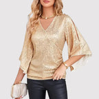 Women's V-Neck Shiny Blouse – Wide Sleeve Loose Fit Evening Blouse