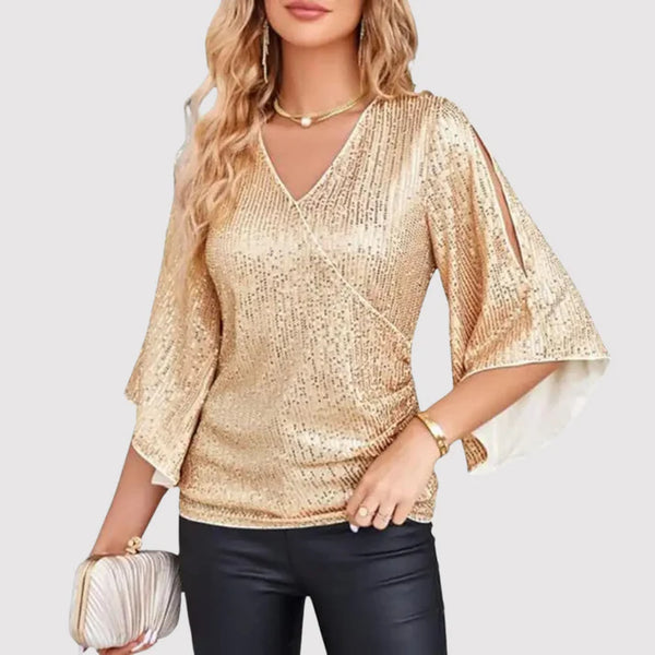 Women's V-Neck Shiny Blouse – Wide Sleeve Loose Fit Evening Blouse