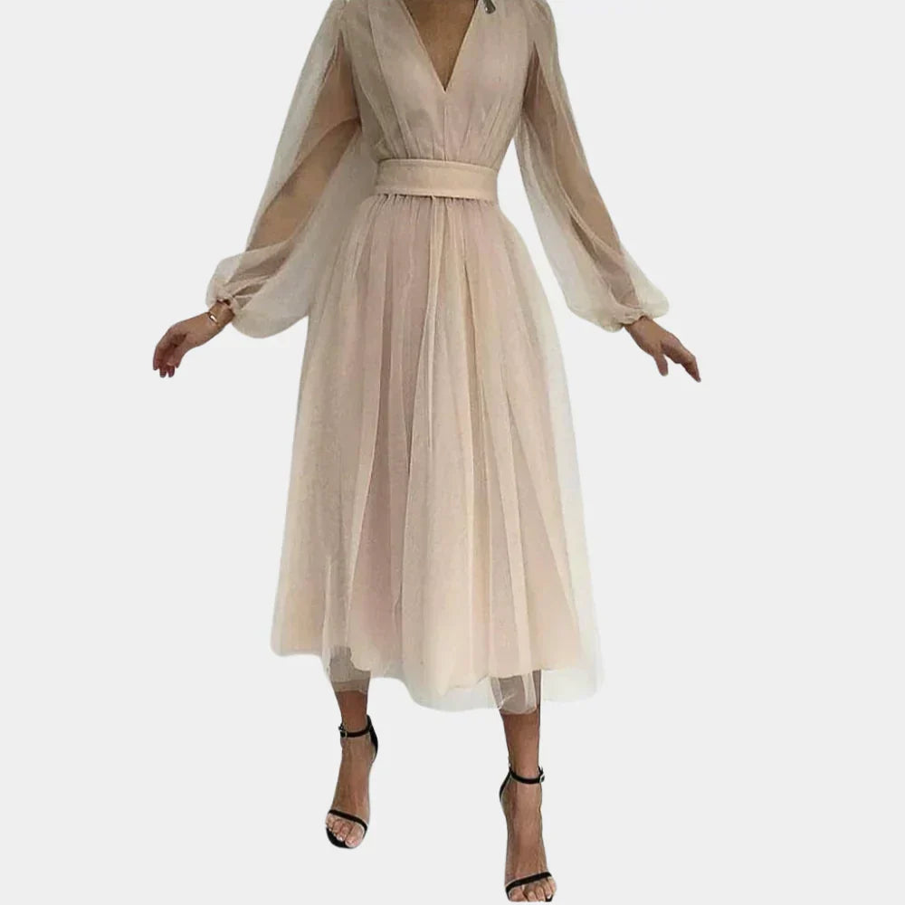 Women's V-Neck Wedding Guest Midi Dress – Lantern Sleeve Lace Detail Dress