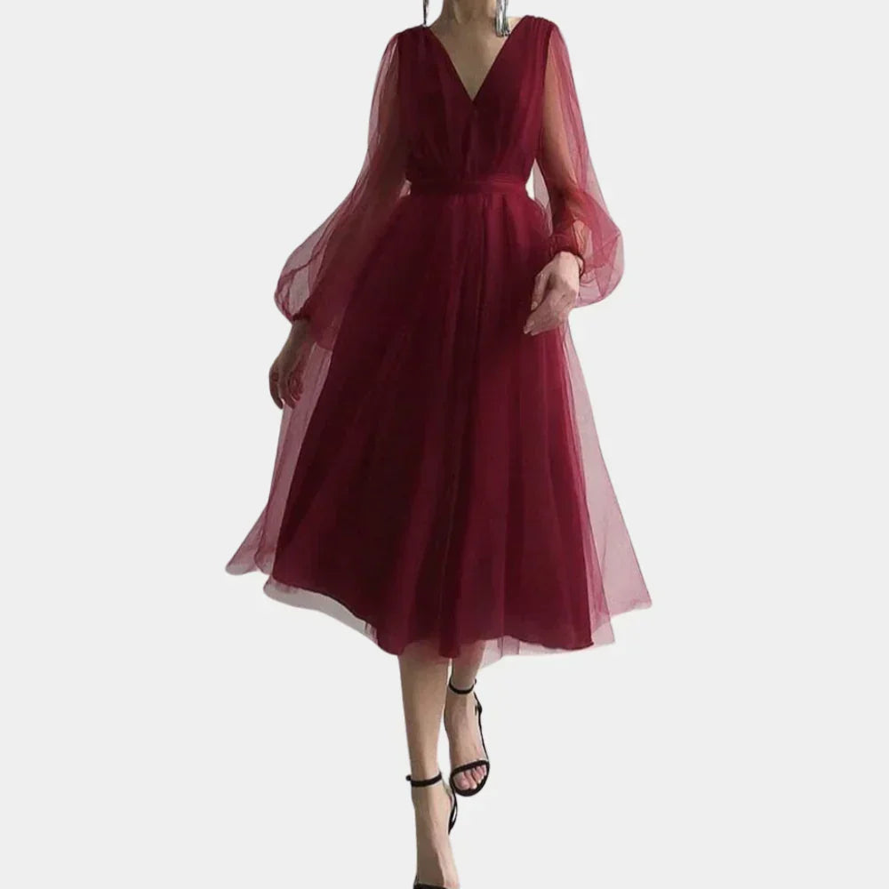 Women's V-Neck Wedding Guest Midi Dress – Lantern Sleeve Lace Detail Dress