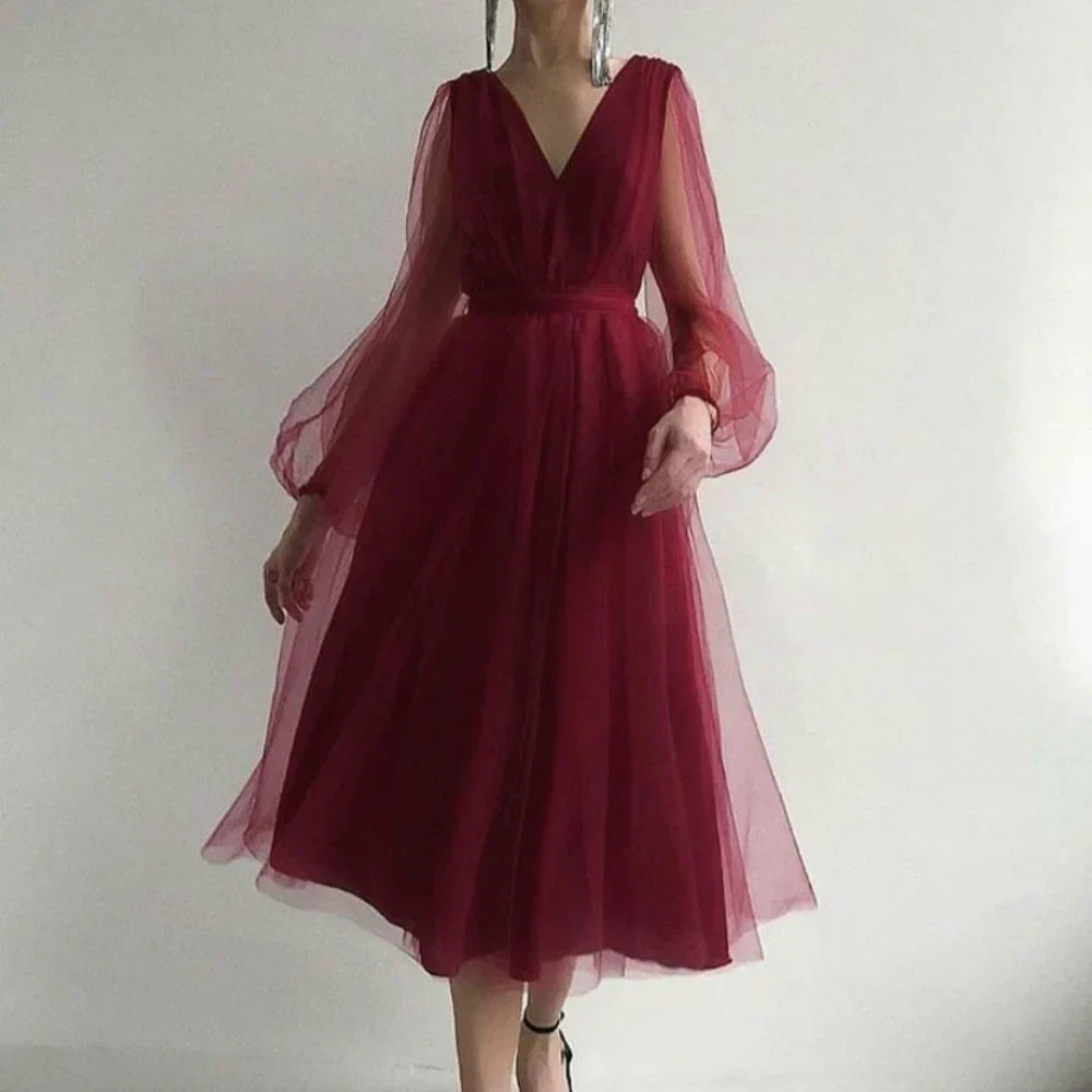 Women's V-Neck Wedding Guest Midi Dress – Lantern Sleeve Lace Detail Dress