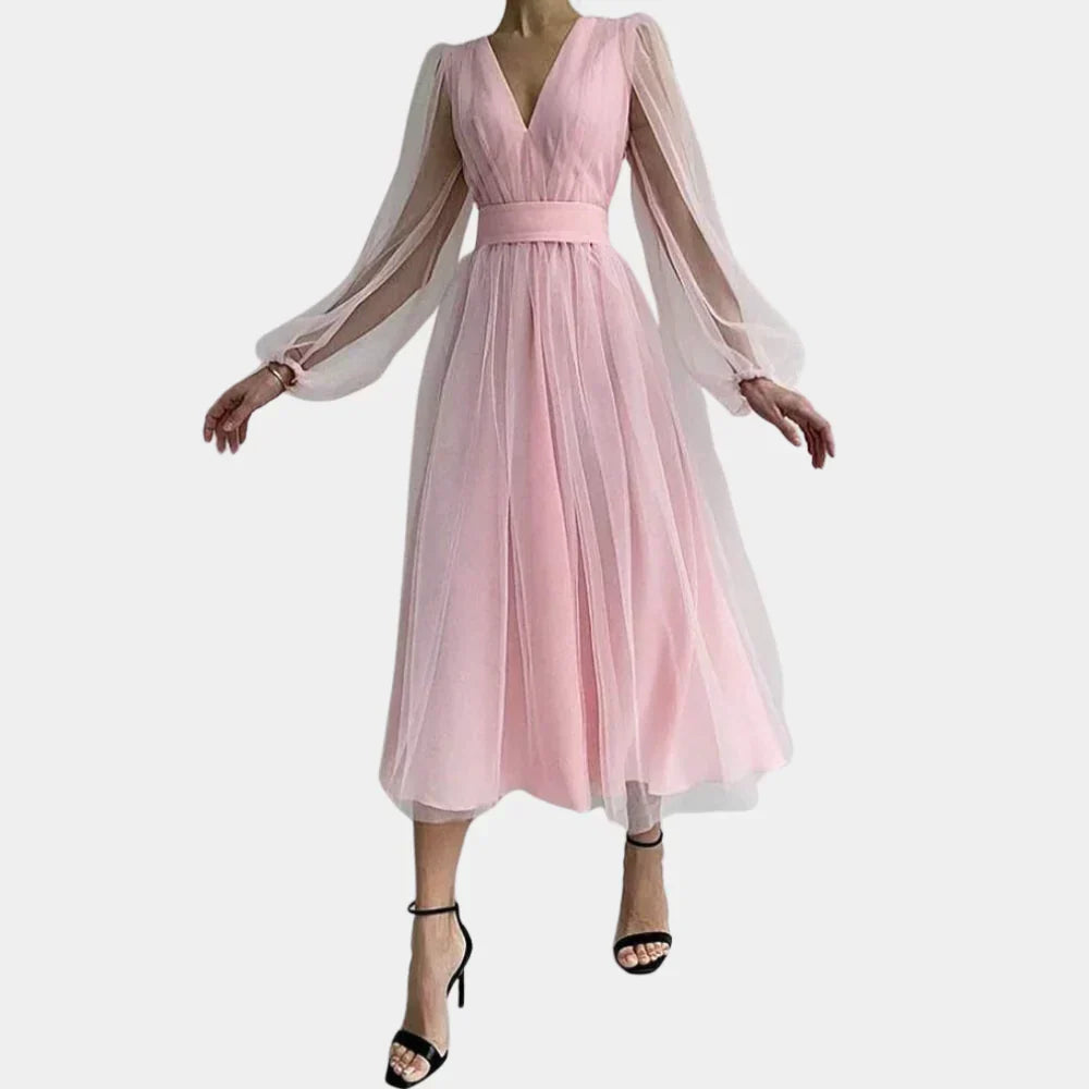 Women's V-Neck Wedding Guest Midi Dress – Lantern Sleeve Lace Detail Dress