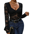 Women's Deep V-Neck Floral Bodysuit – Sheer Lace Long Sleeve Bodysuit