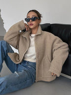 Women's Oversized Stand Collar Jacket – Zip-Up Cold Weather Winter Jacket