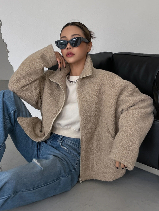 Women's Oversized Stand Collar Jacket – Zip-Up Cold Weather Winter Jacket