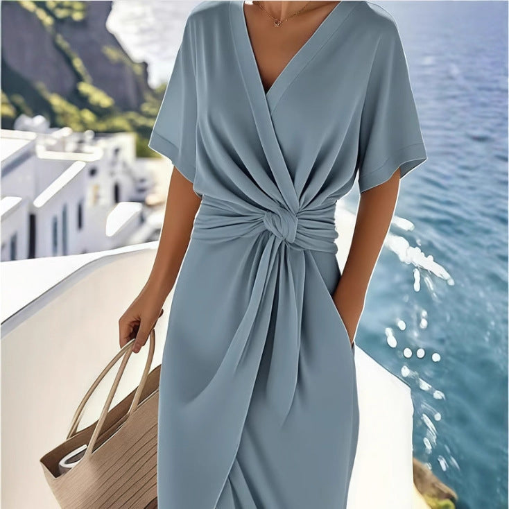 Women's Draped Midi Wrap Dress – Side Slit Cocktail Occasion Dress