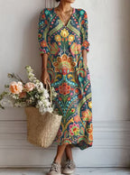 Women's Vintage Floral Midi Dress – A-Line Flowy Summer Dress