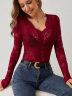 Women's Plunging Floral Lace Bodysuit – Sheer Long Sleeve V-Neck Bodysuit