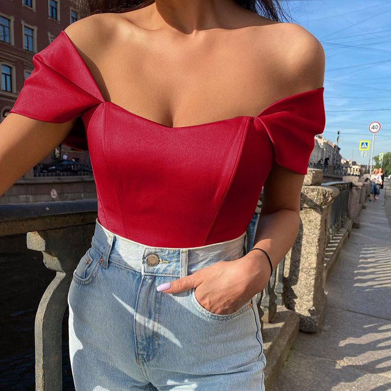 Women's Off-Shoulder Corset Bodysuit – Bow Sleeve Fitted Party Bodysuit