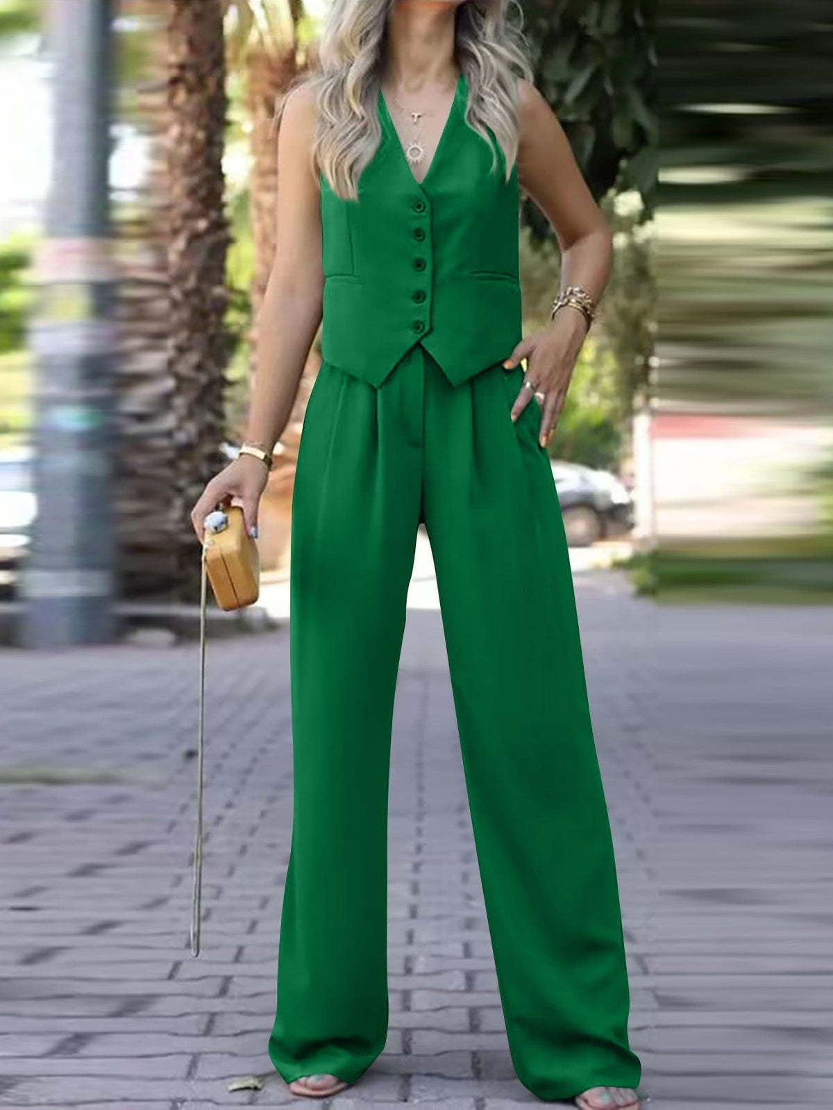 Women's Sleeveless Vest Pants Set – V-Neck Waistcoat & Wide Leg Trousers