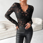 Women's Romantic Floral Lace Bodysuit – V-Neck Long Sleeve Fitted Bodysuit