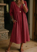 Women's V-Neck Pocket Midi Dress – Three-Quarter Sleeve Day Dress